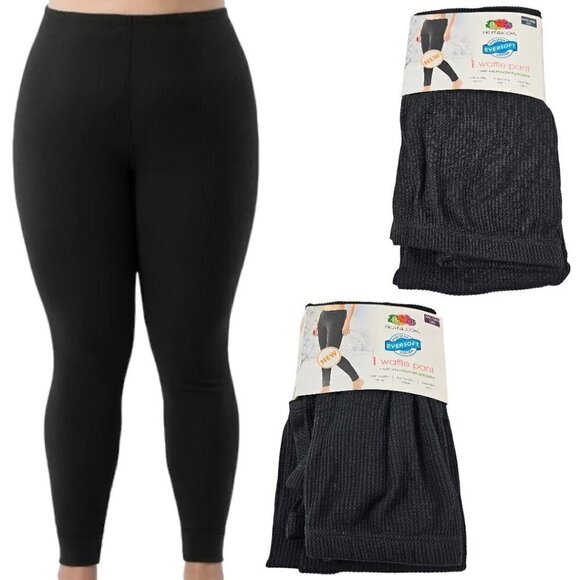 Fruit of the Loom Women's Eversoft Thermals Black Waffle Ankle Pants - 2X/3X - Picture 1 of 9
